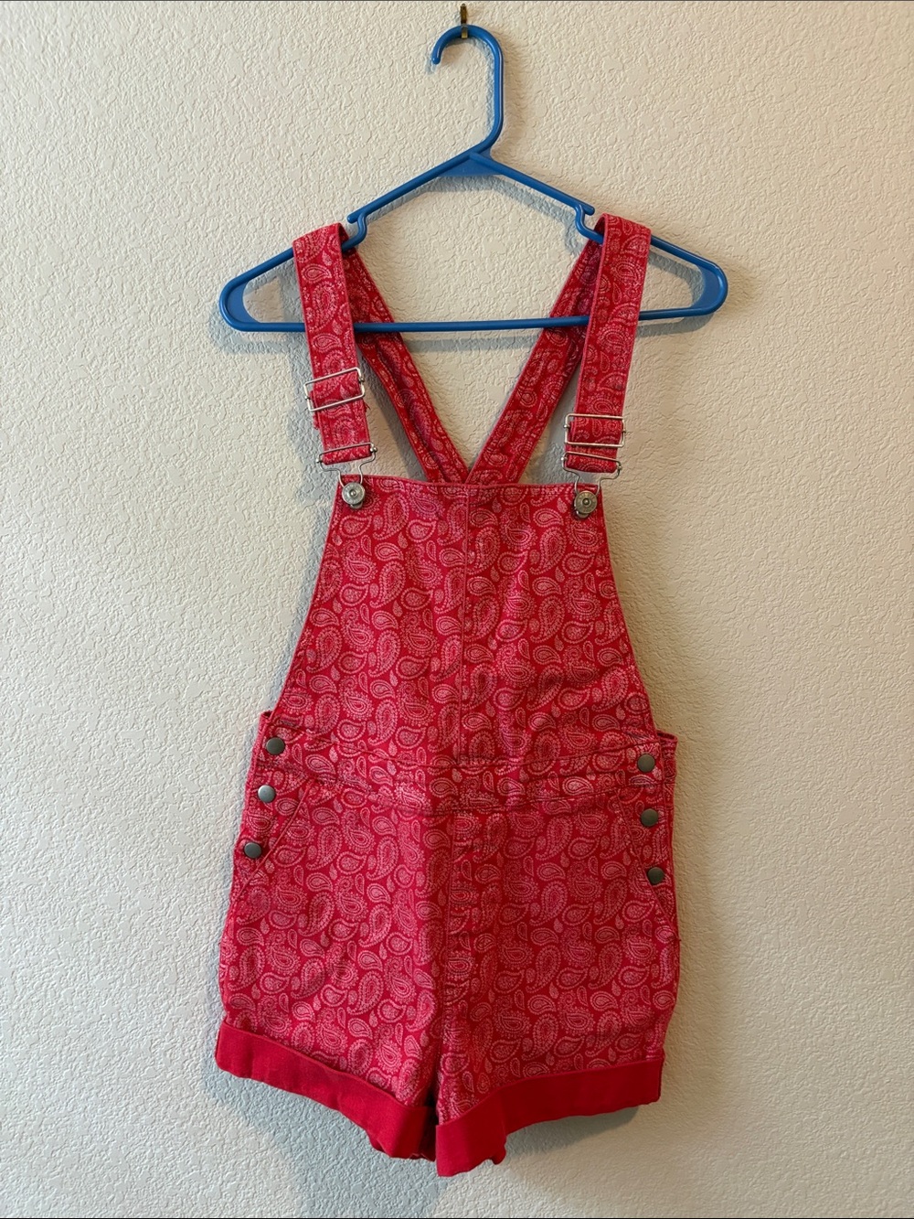BDG Red Paisley Denim Short Overalls